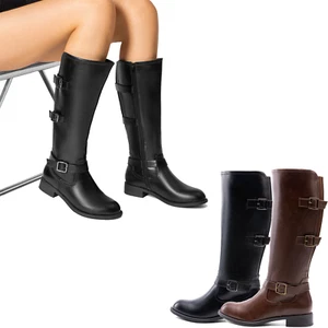 Women's Knee-High Boots Low Block Heel Retro Chic Side Zipper Riding Boots - Picture 1 of 18