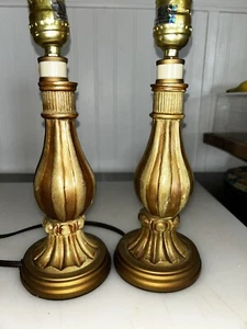 Pair of Mid Century Carved Wood Swirl Gold Silver 12” Electric Lamps - Picture 1 of 10