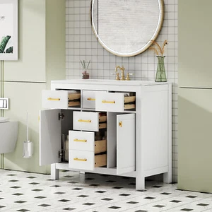 36'' Bathroon Vanity w/Ceramic Sink Combo Set,Modern Bathroom Cabinet w/4 Drawer - Picture 1 of 12