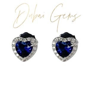 WHITE GOLD FINISH Blue Sapphire Heart Cut Created Diamond Stud Earrings - Picture 1 of 7
