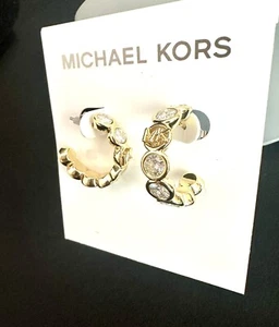 Michael Kors Crystal Logo Hoop Earrings Gold - Picture 1 of 3