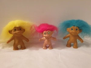 Vintage Trolls Figurines Retro x 3 Blue, Yellow and Red Hair. Collectable. - Picture 1 of 5