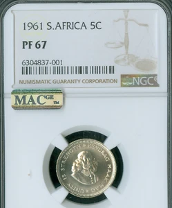 1961 SOUTH AFRICA SILVER 5 CENTS NGC PF67 PQ MAC 2ND FINEST GRADE & SPOTLESS . - Picture 1 of 2