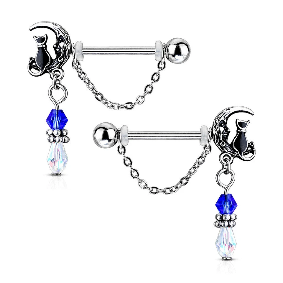 Brustwarzenpiercing Nippelpiercing Brustpiercing Mond Kette Katze Kristalle - Bild 1 von 1