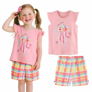 Little Girl Easter Summer Short Sets Outfits Cotton Crewneck Pink Jellyfish Shor - Picture 1 of 12