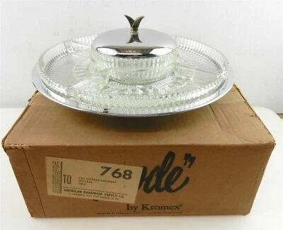 Vtg MODE by Kromex #205 Pressed Glass/ Chrome Plated Lazy Susan OB Complete T240 - Image 1 of 4