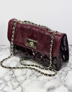Russell & Bromley Burgundy Patent Leather Snakeskin Quilted Shoulder Bag Quilty - Picture 1 of 15