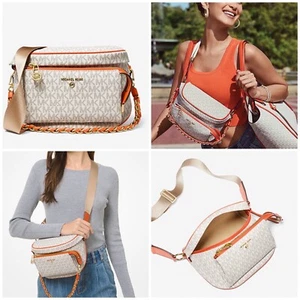 Ladies' Michael Kors Slater Signature Logo Sling Bag Orange & Beige Sale - Picture 1 of 11