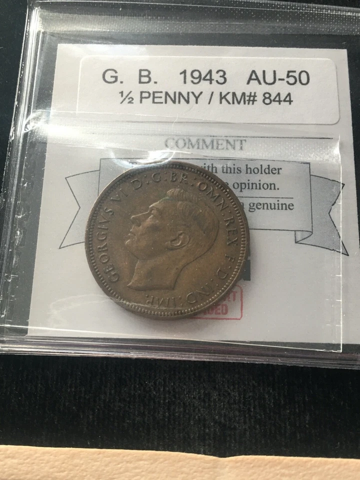 1943  Great Britain,  1/2 Penny, Coin Mart  Graded **AU-50** KM# 844 - Image 1 of 4