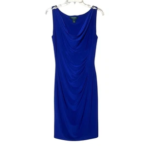 Lauren Ralph Lauren Royal Blue Draped Sheath Dress 4 Embellished Chic Minimalist - Picture 1 of 16