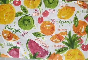 Flannel Back Vinyl Tablecloth w/small cut, 60" Round, FRUITS WITH TEXT, HP, sp - Picture 1 of 9