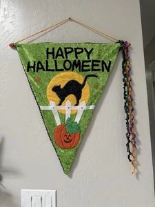 Happy Halloween Vintage Felt Hanging Flag , Cat, Moon , Pumpkin - Picture 1 of 5
