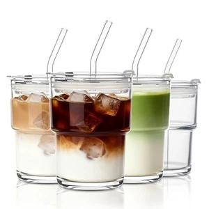13oz Portable Glass Tumblers Set of 4, Thick Wall Glass Cups with Lid and Gla... - Picture 1 of 9