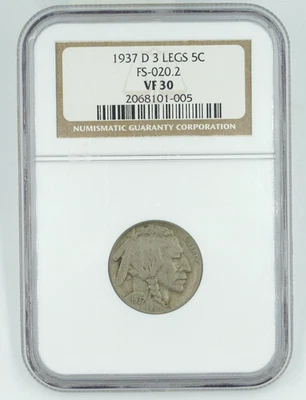 1937-D NGC VF30 Buffalo Nickel VF30 3 Legs FS-020.2 - Image 1 of 3
