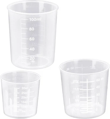 3 Pack Mini Measuring Cups Set 1oz 2oz 3.4oz – Clear Plastic for Liquid & Baking - Imagem 1 de 4