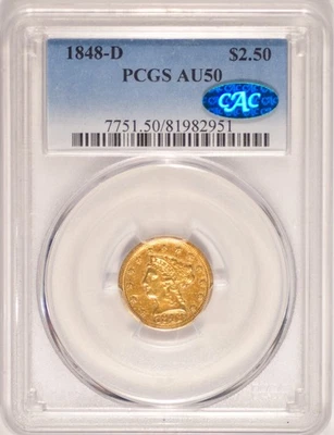 1848-D $2.50 Liberty Gold Quarter-Eagle Coin PCGS AU50 CAC Approved Dahlonega - Image 1 of 4