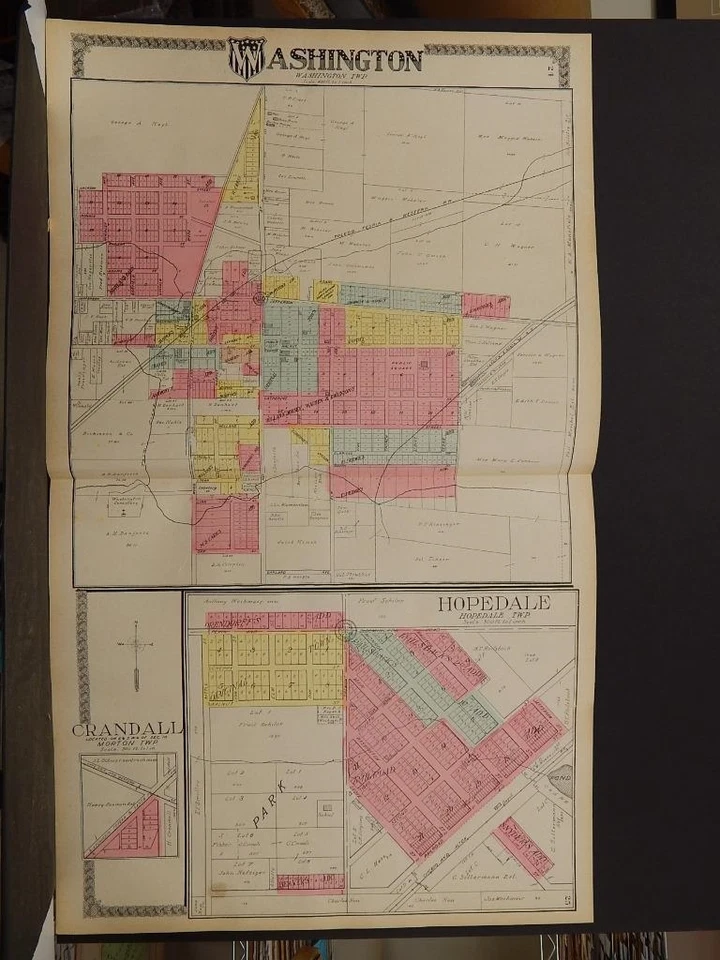 Illinois Tazewell County Map, 1910, Washington, Hopedale, Crandall 2 Pages P5#06 Foto 1 de 1