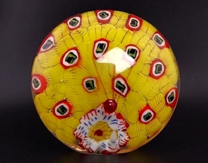 VTG Yellow Peacock Millefiori Art Glass Murano Style Paperweight 3" Perfect!!! - Picture 1 of 8
