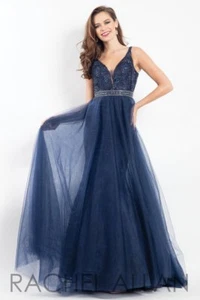 Vestido Rachel Allan 6039 Azul Marino Encaje Tul Baile de graduación Gala Talla 12 - Imagen 1 de 1