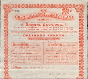 Titre 5 actions: THE QUEENSLAND Copper Cy (ROYAUME UNI) (Q) - Picture 1 of 1
