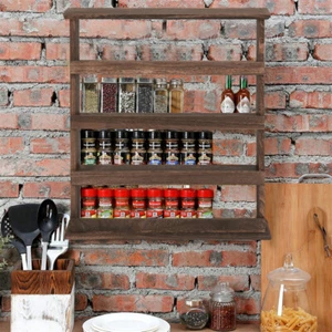 Rustic Torched Wood Wall Hanging Spice Rack 4 Tier Seasoning Jar Shelves Pantry - Picture 1 of 14