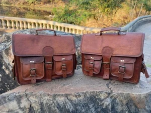 Motorcycle Side Pouch Brown Leather Side 2 Bag Saddlebags Panniers Saddle 15" - Picture 1 of 10