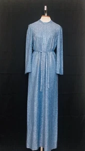 1970s Blue Metallic Sequin Dress Long Sleeve Saks Fifth Avenue Cocktail Gown - Picture 1 of 8