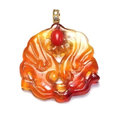 Старинный полупрозрачный кулон из красного нефрита 14 карат/SS с мотивом красного кораллового дракона - Изображение 1 из 4