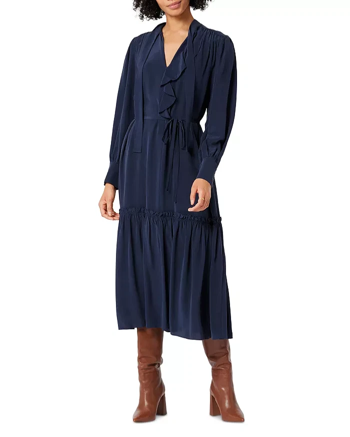 Joie Women' Roussel 100 Silk Midi Dress Solid Navy Blue M Belted