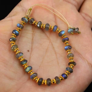 Handmade 4 Micron Gold Plated Natural Labradorite Beaded Gemstone Reiki Bracelet - Picture 1 of 11