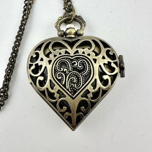 Heart Locket Quartz Pocket Watch Necklace Pendant Filigree Antique Bronze Tone - Picture 1 of 9