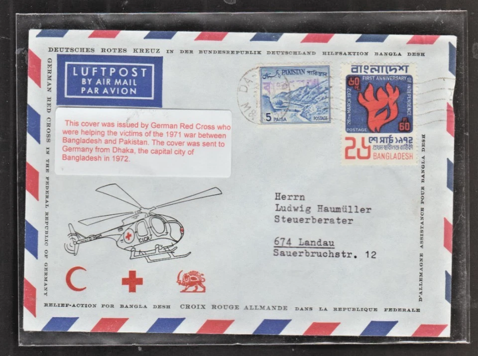 Cubierta Bangladesh 1972 Cruz Roja Alemana, usada después de la guerra, enviada a Alemania Foto 1 de 1