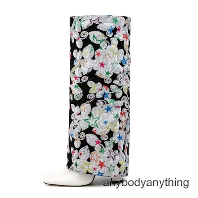 Mujer Moda Puntera Cuadrada Lentejuelas Flor Tacón Alto Botas Hasta la Rodilla Zapatos H Foto 1 de 4