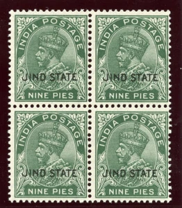 India - Jind 1927 KGV 9p deep green block of four superb MNH. SG 86. Sc 110. - Picture 1 of 2