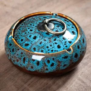 Handmade Ceramic Ashtray with Lids, Windproof Ashtray Smokeless - Picture 1 of 7