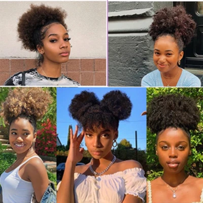 Short Afro Kinky Curly Ponytail Wigs For Black Women Puff Drawstring Ponytail - Image 1 of 4