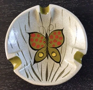 Vintage Italian Stoneware Pottery Ashtray With Butterfly Motif Hand Painted Nice - Picture 1 of 9