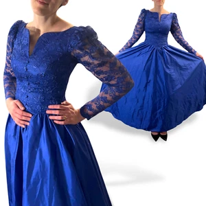 Vintage blau Spitze langes Kleid Puffärmel voller Rock Prinzessin Fee Ballkleid 70er - Bild 1 von 8