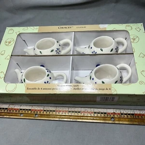 Pfaltzgraff Teapot Napkin Ring Holder Set of 4 White With Blue Flowers - Picture 1 of 5
