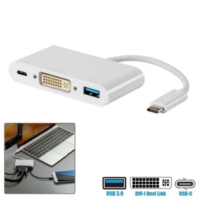 USB-C Male to DVI-I Dual Link + USB-A 3.0 & Type C Female Adapter Converter - Image 1 of 4