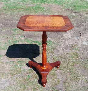 Antique Mahogany Burled Maple Center Satinwood Inlaid Pedestal Table Tripod Base - Picture 1 of 13