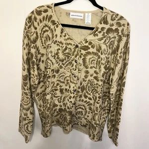 Women Wool Blend Cardigan Tan Olive Green Floral Beaded XL Neutral - Picture 1 of 7