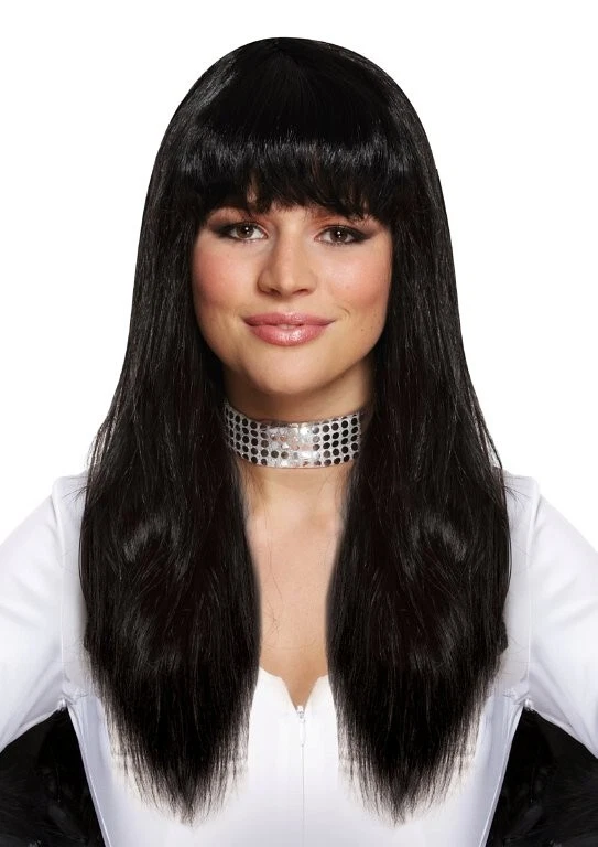 AR Long Straight Black Wig Halloween Witch Morticia Fancy Dress Costume Cosplay