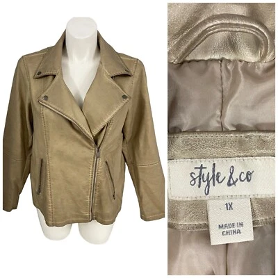 Style & Co Jacket Womens 1X Brown Coat Rock Moto Work Office Casual Edgy Autumn - Image 1 of 4
