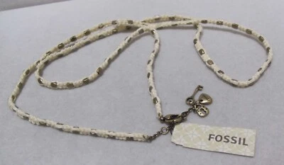 FOSSIL Cream Color Woven Cord Gold Tone Lock & Key Charms Necklace NWT - Image 1 of 4