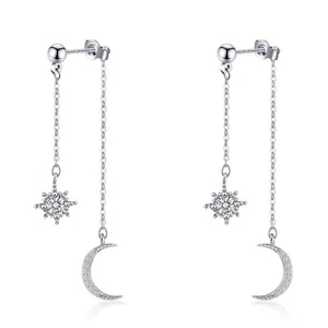 925 Sterling Silver Moon Star Earrings Crescent Dangle Cubic Zirconia Celestial - Picture 1 of 7