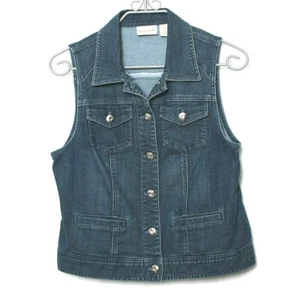 Chico's Platinum Women Denim Blue Jean Collar Rhinestone Buttons Pockets Vest S - Picture 1 of 8