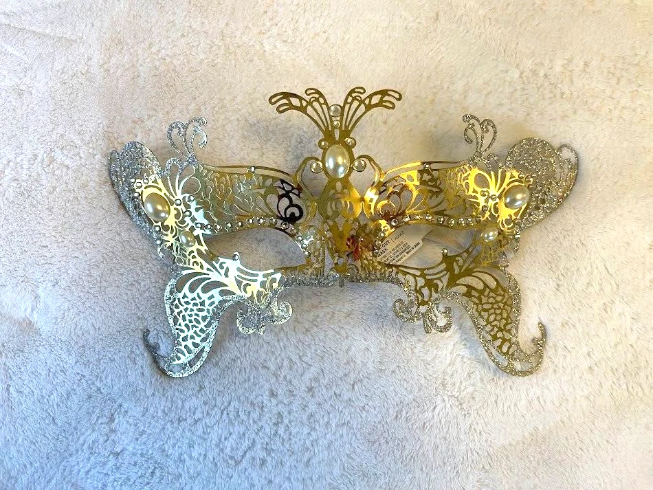 Metal Laser Cut Rhinestone Venetian Masquerade Mask filigree faux pearl GOLD - Image 1 of 1
