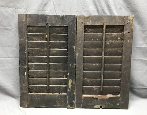 Pair Antique Small Window Wood Louvered Black Shutters 13x21 VTG Old 1832-22B Cover