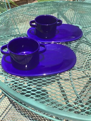Soup Bowl Double Handles w/ Sandwich Plate Royal Blue Pottery 2/sets - Image 1 of 4